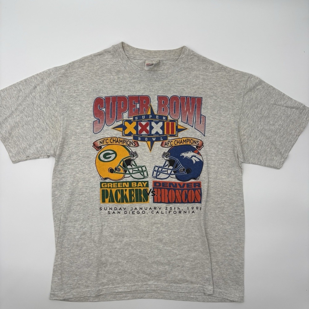 Vtg‎ 99 Super Bowl XXXII Packers Broncos T Shirt L Gray NFL 1998 Vintage